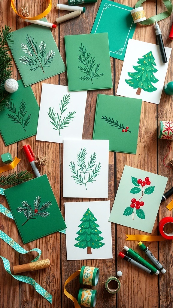 A collection of handmade green Christmas cards with pine and holly designs on a wooden table with craft supplies.